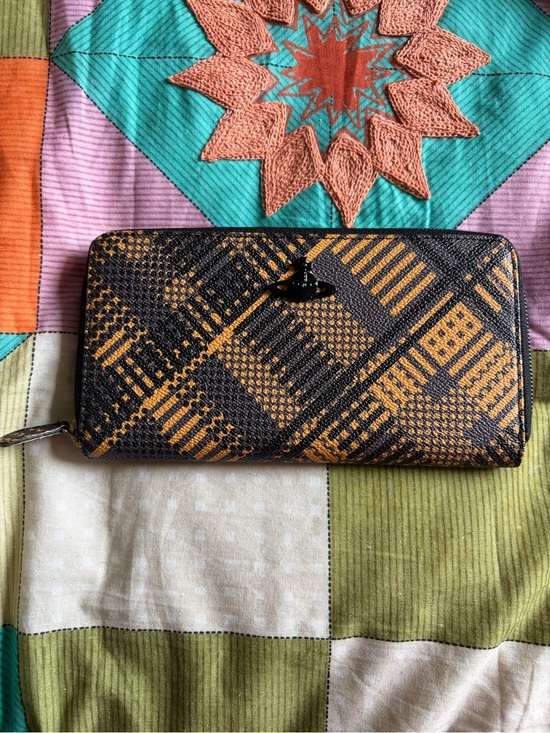 Vivienne Westwood Handbags - Vivian Westwood Textured Plaid Zip Wallet in Mustard and Black